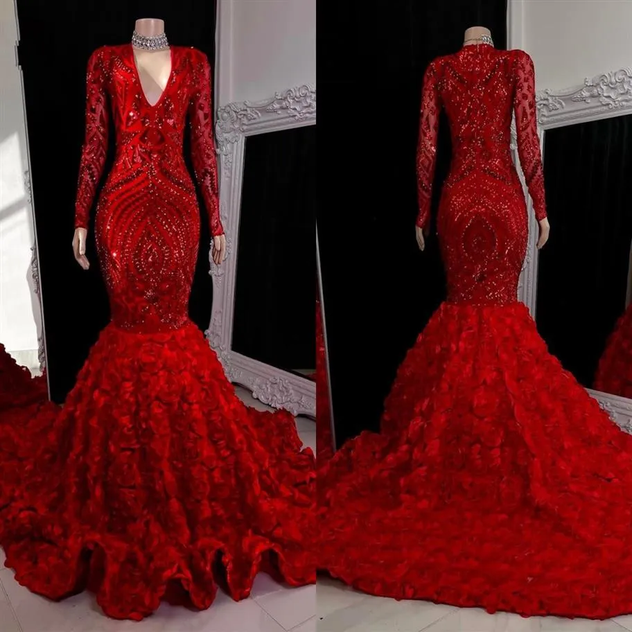 2023 Burgundy Lace Sequin Mermaid Prom Dresses Black Girls V Neck Long Sleeves Sweep Train Formal Evening Gowns Real Image BC15403293l