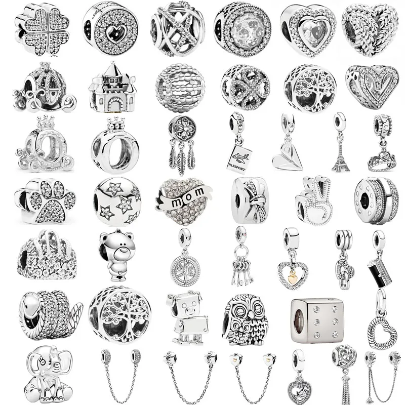 925 Silber für Pandora-Charm, Feder, Krone, Sicherheitskette, Eule, Liebe, modisches Charms-Set, Anhänger, DIY feiner Perlenschmuck, ein besonderes Geschenk für Frauen