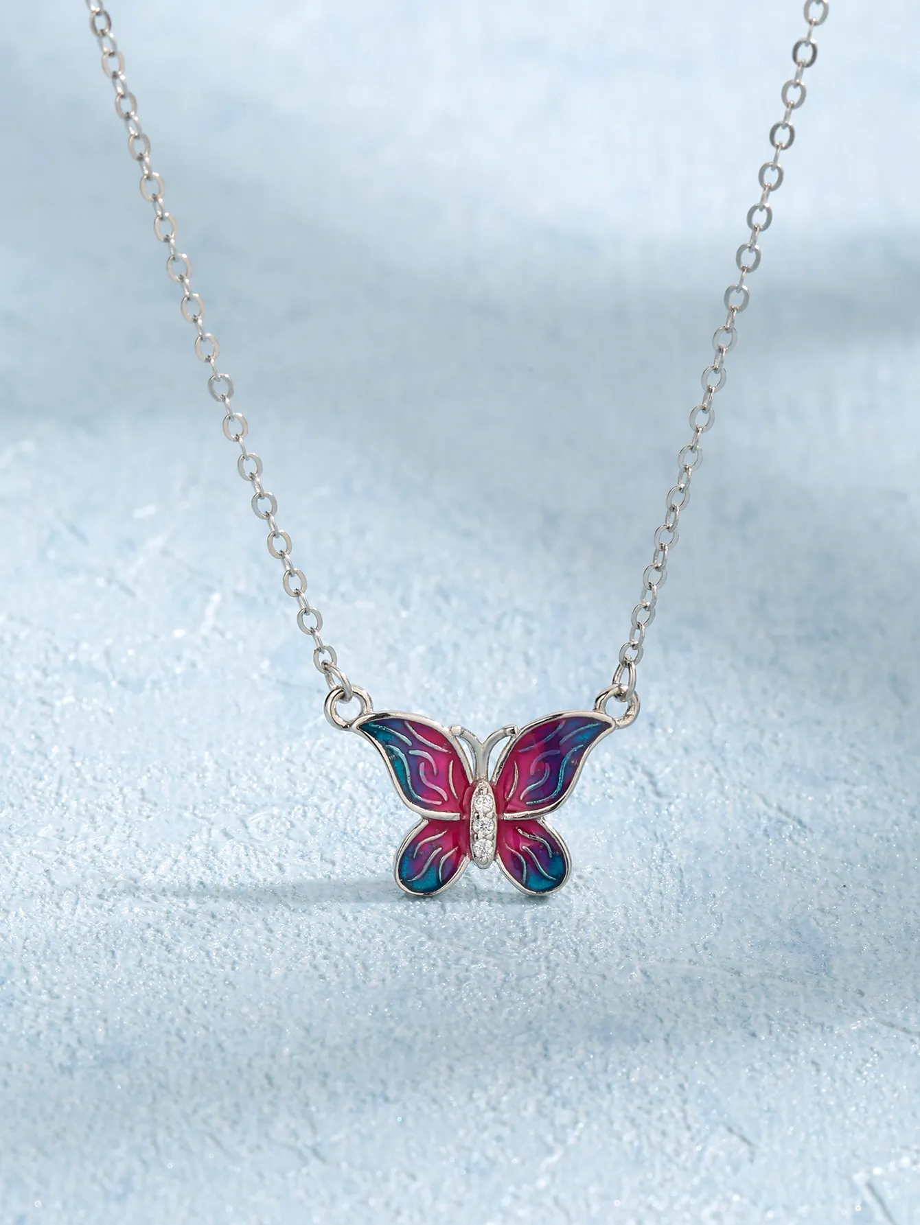 2023 European and American Fashion Retro S925 Sterling Silver New Pink Blue Butterfly Necklace Temperament High Grade Necklace Girl