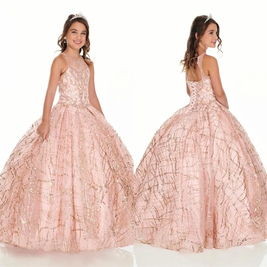 2022 Bling Rose Gold Mini Quinceanera Pageant Vestidos Para Meninas Glitter Tule Jóias Strass Vestido de Festa Infantil 186T