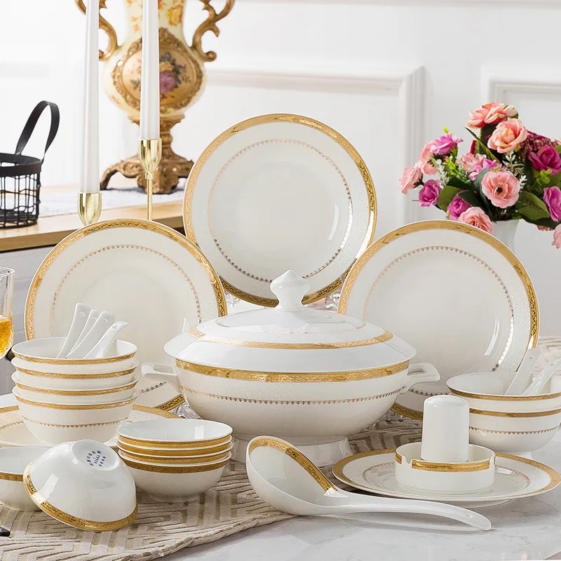 Luxury Ceramic Tableware Set 60 Gold Rim Bone China Porcelain Gold