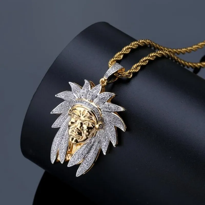 Hip Hop Rapper Men shiny diamond pendant gold necklace Iced out Indian chief pendant micro-inset full zircon jewelry night club Sweater rope chain twist chain 1501