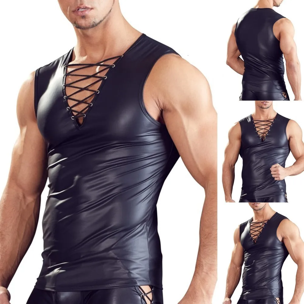 Mannen Tank Tops Heren Sexy Kunstleer T-shirt Effen Kleur Nachtclub Stage Performance Diepe V Vest Kostuums 230721