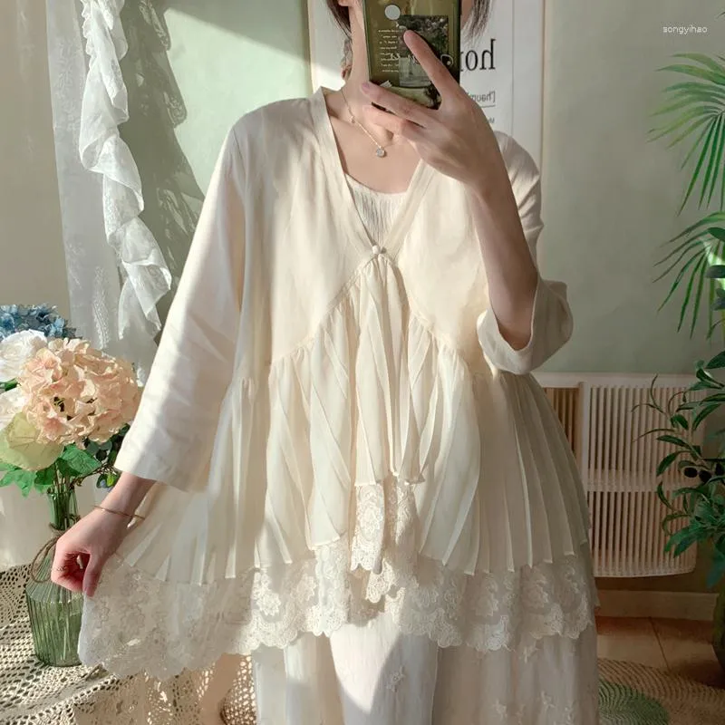 Women's Blouses Summer Women V-neck Cotton Linen Shirt Japanese Mori Girl Chiffon Lace Patchwork Cardigan Sunscreen Loose Wide Beach