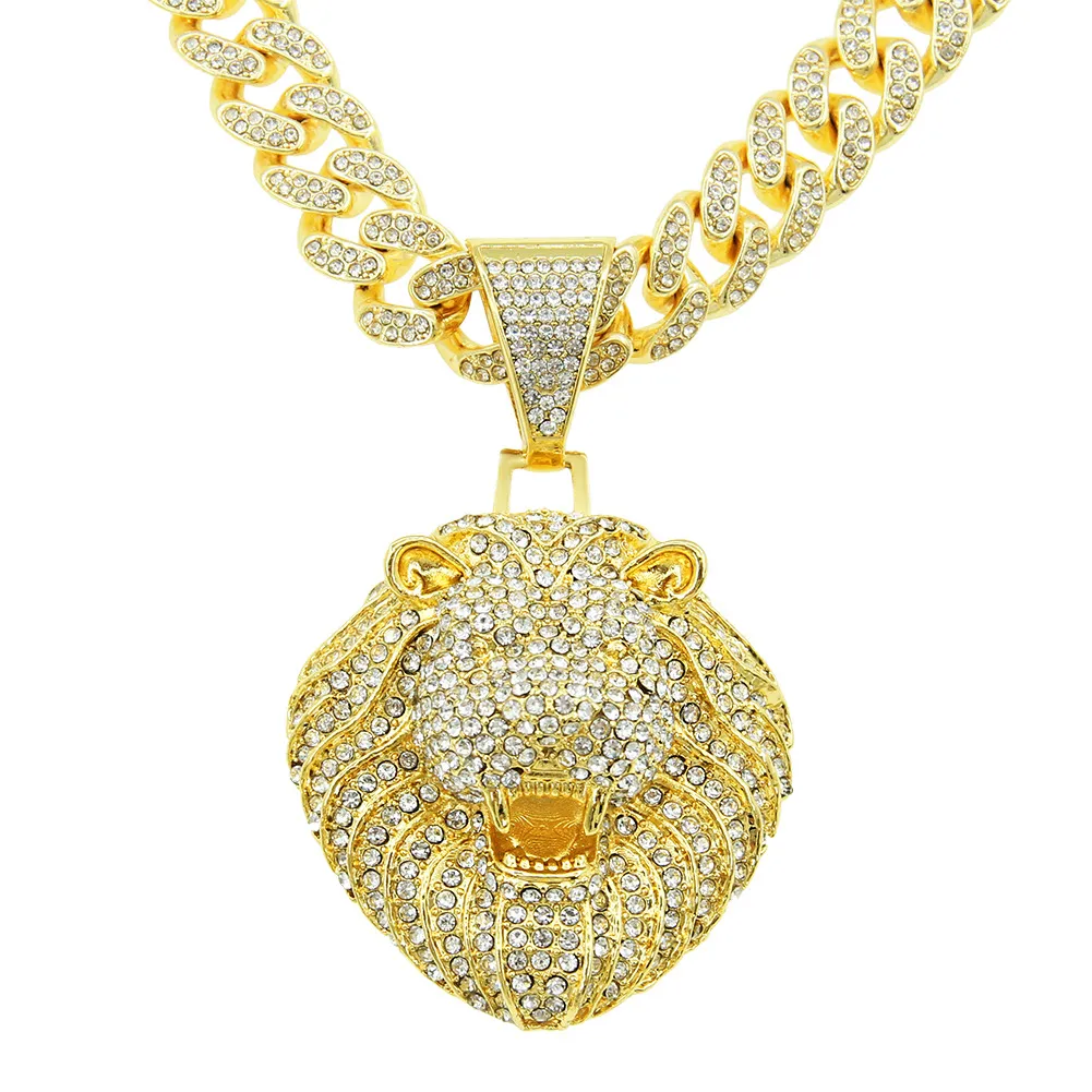 Hip Hop Rapper Men shiny diamond pendant gold necklace Iced out Lion's head letters pendant micro-inset full zircon jewelry night club punk 50cm Miami Cuban chain 1560