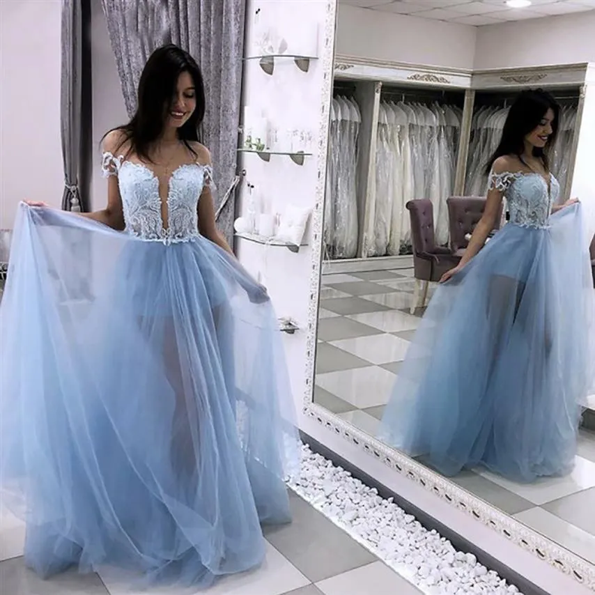 Ny anpassad Vacker A-Line Illusion Halsbindning ljusblå tyllparty prom klänning med spetskropp långa prom aftonklänningar202b