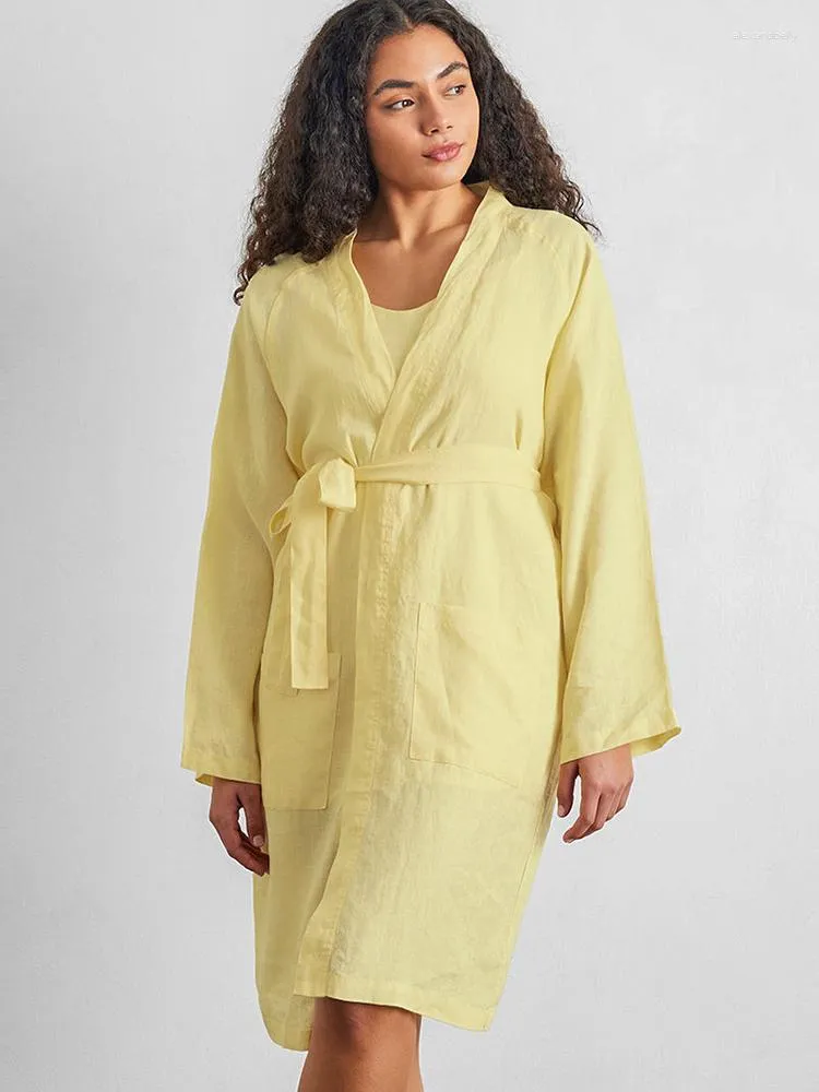 Pijamas femininos Linad Robes amarelos para mulheres soltos manga longa com decote em V Faixas verão Roupão de banho feminino Casual Algodão Pijamas Bolsos