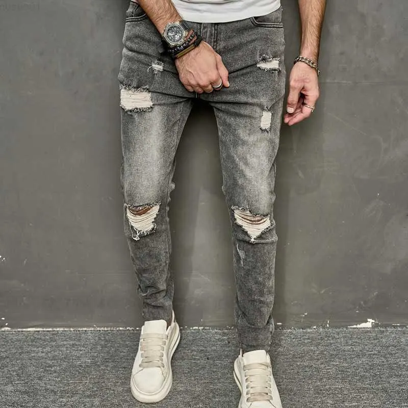 Mäns jeans Men's Smoke Grey Stretch Skinny Jeans Fashion Ripped Hole Vintage R Edges Hip Hop Denim Trousers Youth Streetwear Pants L230724