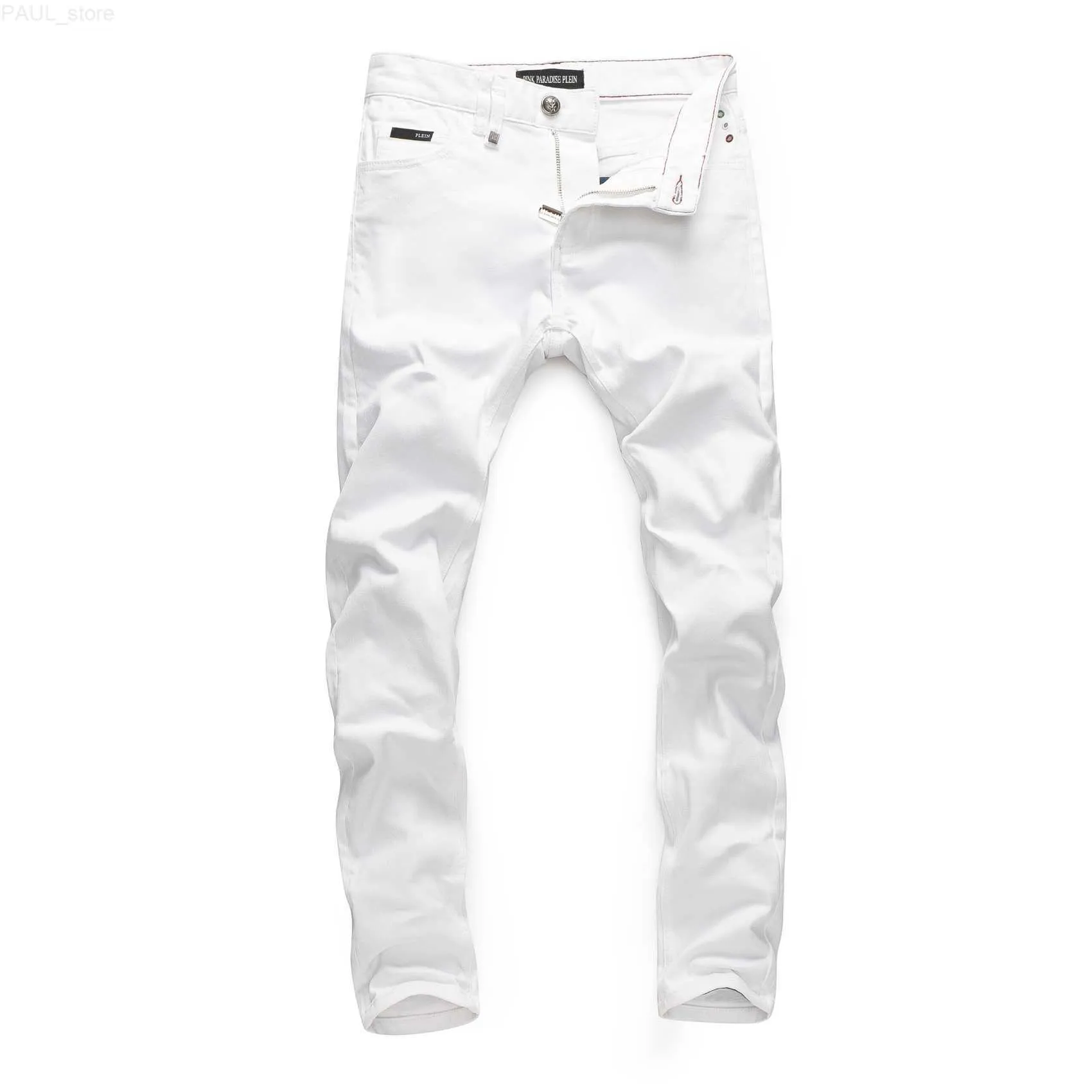 Męski Pink Paradise Classic Fashion Man Rock Moto Mens Casual Design Rubted Nurce Chudy Denim Biker Plein Dżinsy White L24124