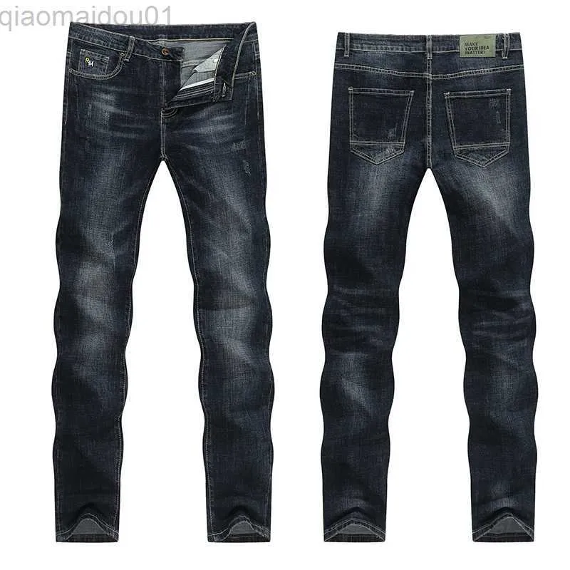 Men's Dark Blue Straight Cut Jeans Business Casual Stretch Denim  Trousers, Spring/Autumn Fashion, Comfortable Fit, Classic Style