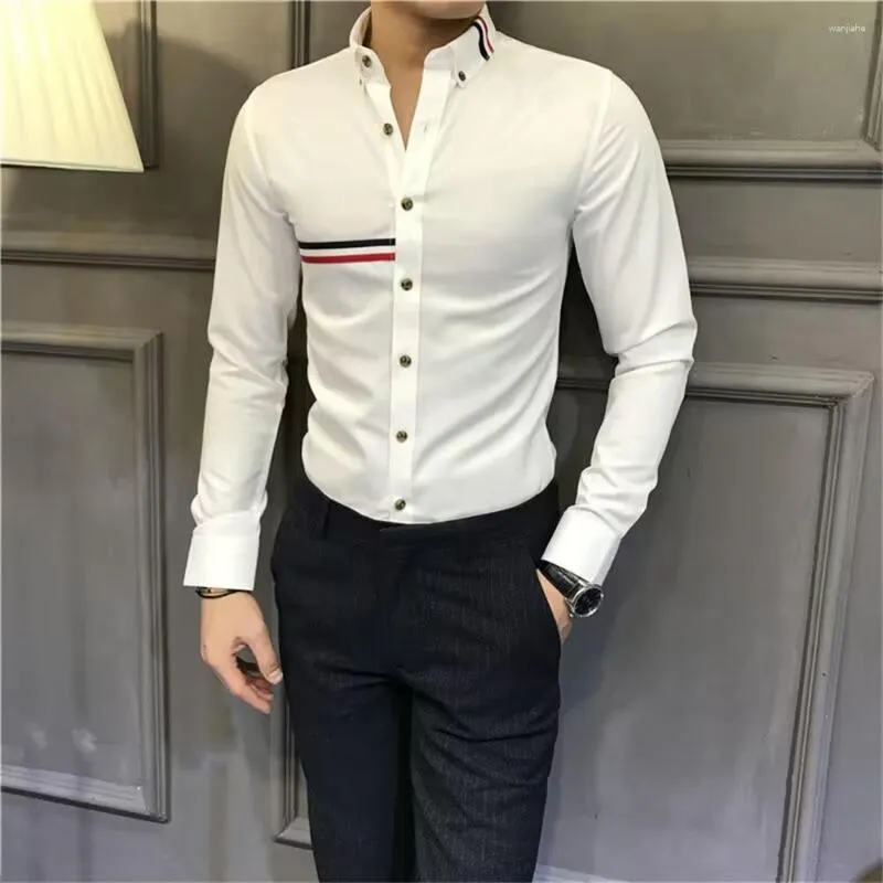 Camisas casuais masculinas Barra preta e branca com barra frontal oculta Camisa de manga comprida Business Gentleman Slim Top Tide