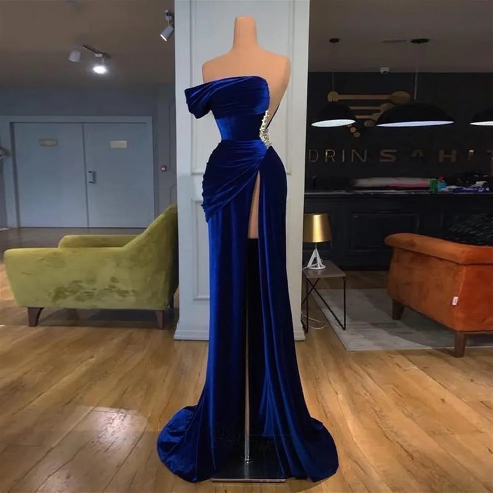 Royal Blue Mermaid Long Evening Dress Strapless Robe De Soiree Velvet Dubai Formal Gowns High side Split Sexy Evening Dresses 20212497