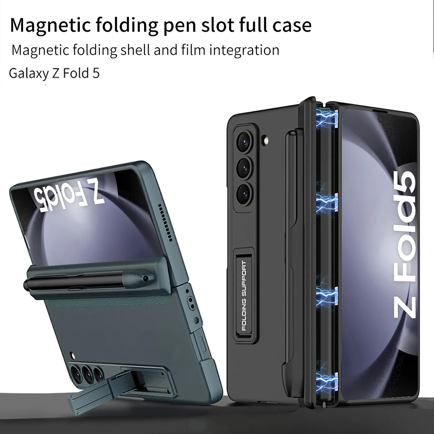 Samsung Galaxy Z Fold 5 için Yan Kalem Yuvası Kılıfları 5 Vaka Magnetic Stand Menteşe Koruyucu Film Ekran Kapağı