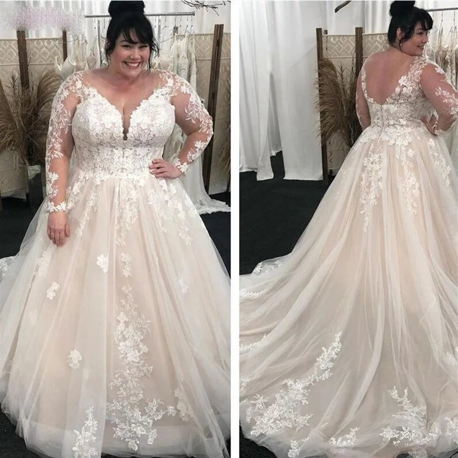 2021 Plus La Taille Robes De Mariée Col En V Sheer Full Manches Longues En Dentelle Appliques Une Ligne Tulle Australie Robe Robes De Mariée Formelle robe307r