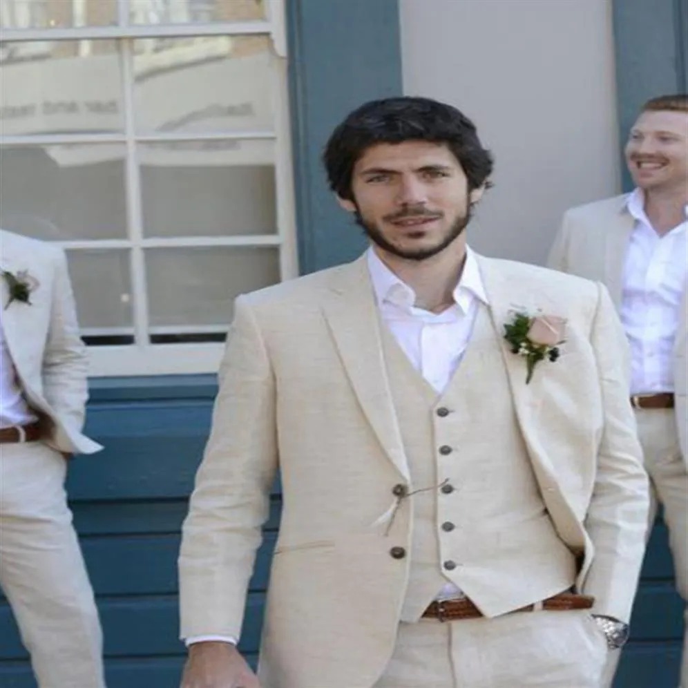 Nowy beżowy lniane garnitury ślubne plażowe pana młodo Tuxedos 3 sztuki pieki kurtki kamizelne oblubienie