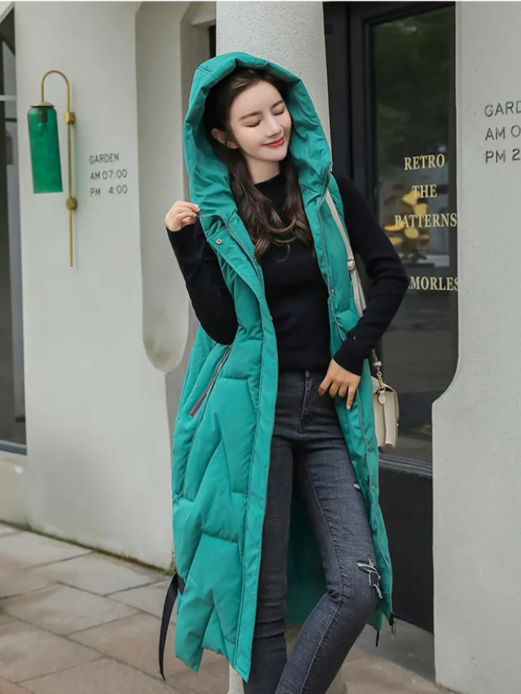 QNPQYX Herfst Winter Lange Vest vrouwen Hooded Losse Groene Zakken Gewatteerde Dames Casual Mouwloze Jas Warme Gewatteerde Vest voor Vrouwelijke