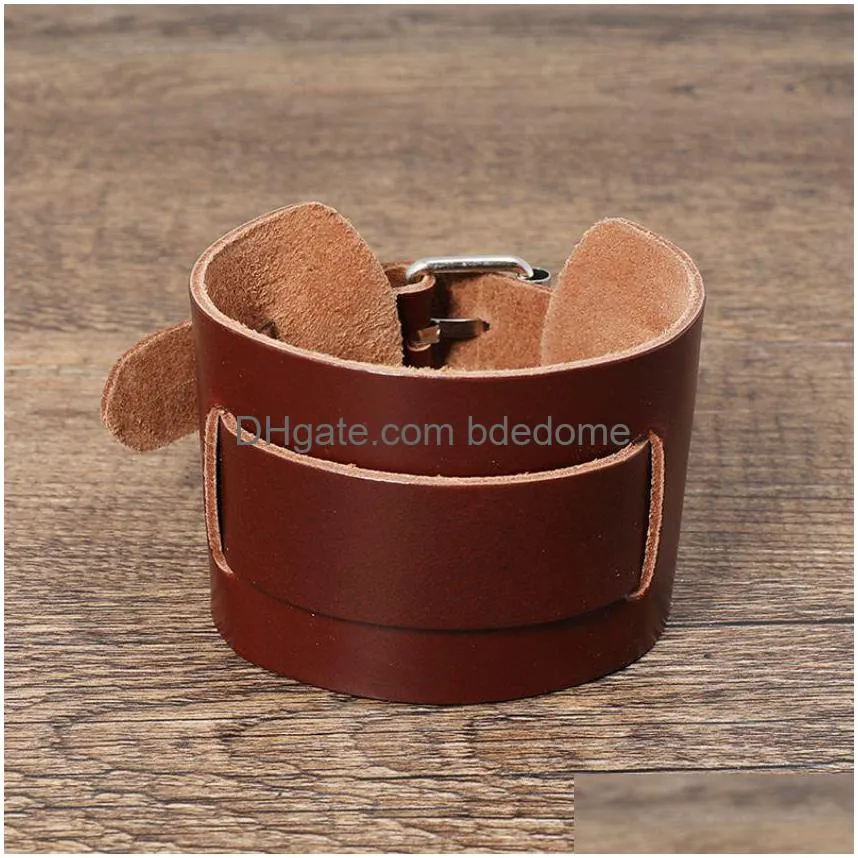 Bangle Wide Belt Leather Cuff Mtilayer Wrap Justerbar armband Wristand för män Kvinnor Modesmycken Drop Leverans Armband Dhavh