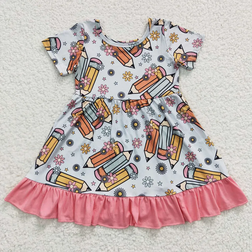 Wholesale Baby Girl Back To School Summer Floral Kids Pencil Dress Children Toddler Infant Knee Length Short Sleeves Clothing