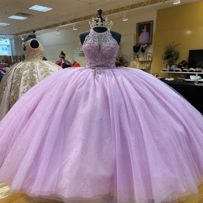 2023 Princess Lilac Tulle Ball Gown Quinceanera Dresses Pärled Crystal Bling Tulle Vestidos de Prom Sweet 15 16 Dress Girls Long304w