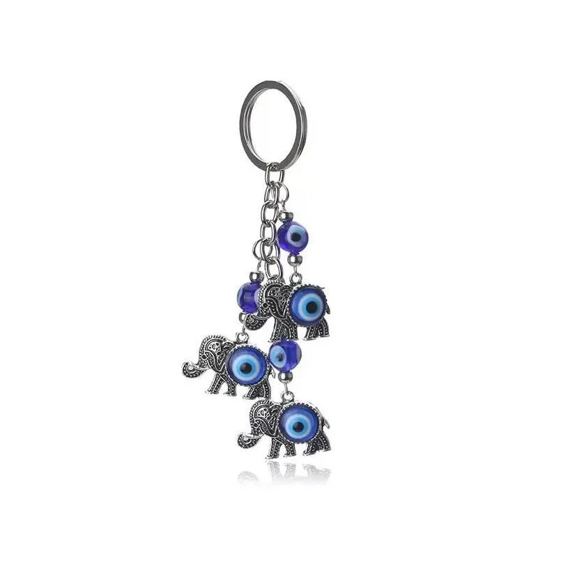 Schlüsselanhänger Lanyards Blue Evil Eye Charms Schlüsselbund Elefant Pendent Schlüsselanhänger Legierung Quaste Auto Ring Modeschmuck für Werbegeschenk Dh0Dz