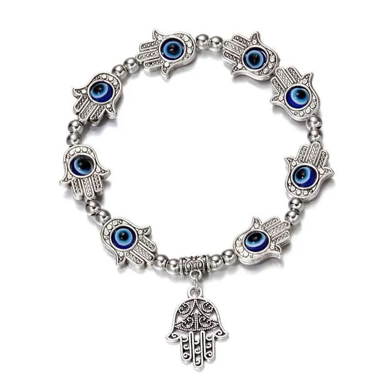 Charm Bracelets Trendy Couple Turkish Evil Eye Palm Elastic Bracelet For Women Men Handmade Beaded Jewelry Gifts New Drop Delivery Dhduh