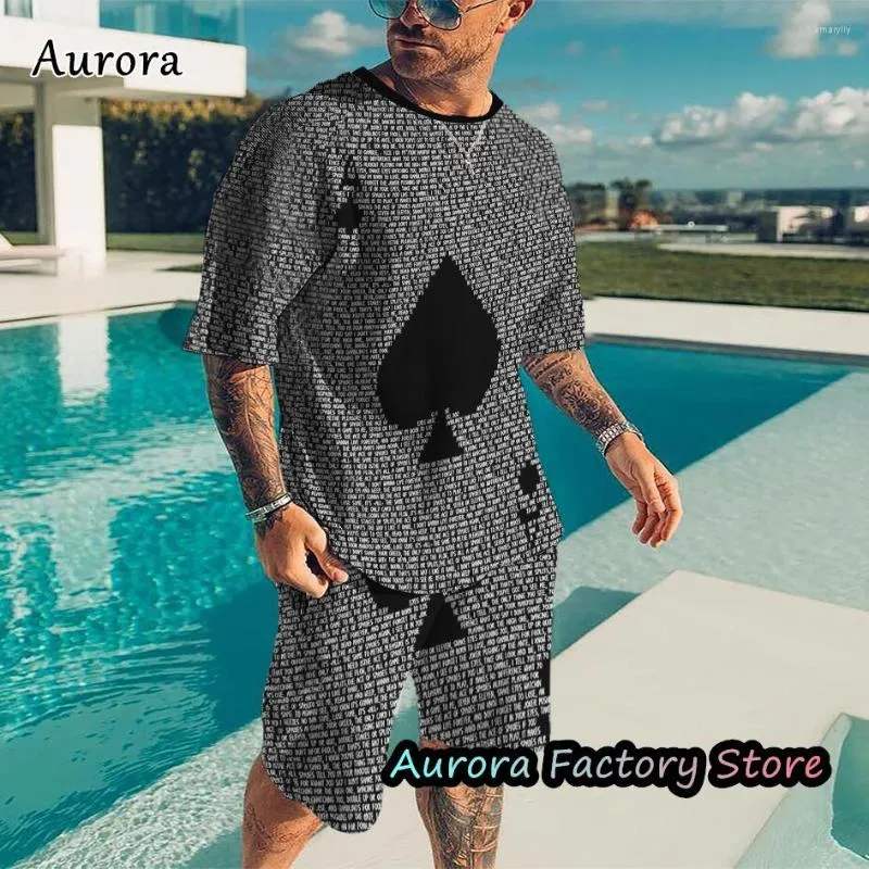 Herrspårar Summer Fasion Trend Tracksuit 3D Print Poker A T-Sirt Sorts Suit 2 Pieces Casual Outfit Set Male Overdimased Clotin