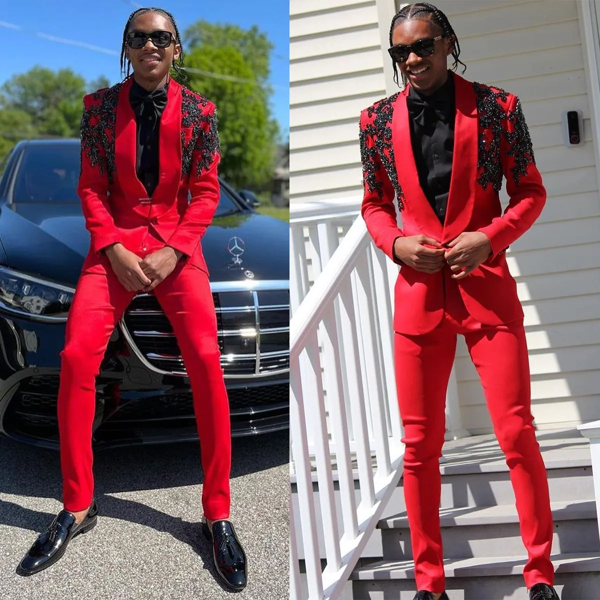 Red Mens Wedding Tuxedos Black Beads Slim Fit Custom Made Groom Prom Wear Pants Suits 2 Pieces