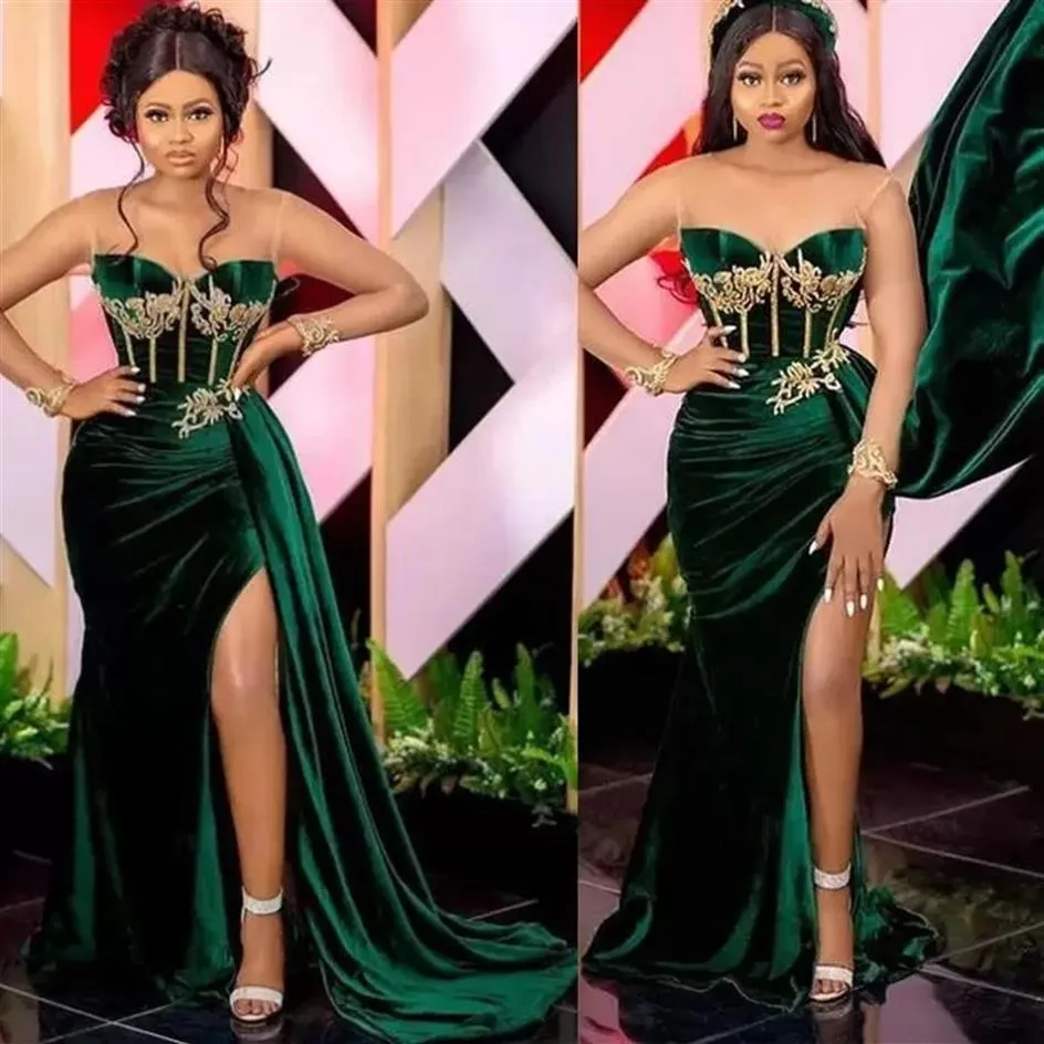 2022 Emerald Green African Prom Party Dresses Sexig slits Sweetheart Arabic Aso Ebi Velvet Plus Size Evening Endast Glow Wear B080212P