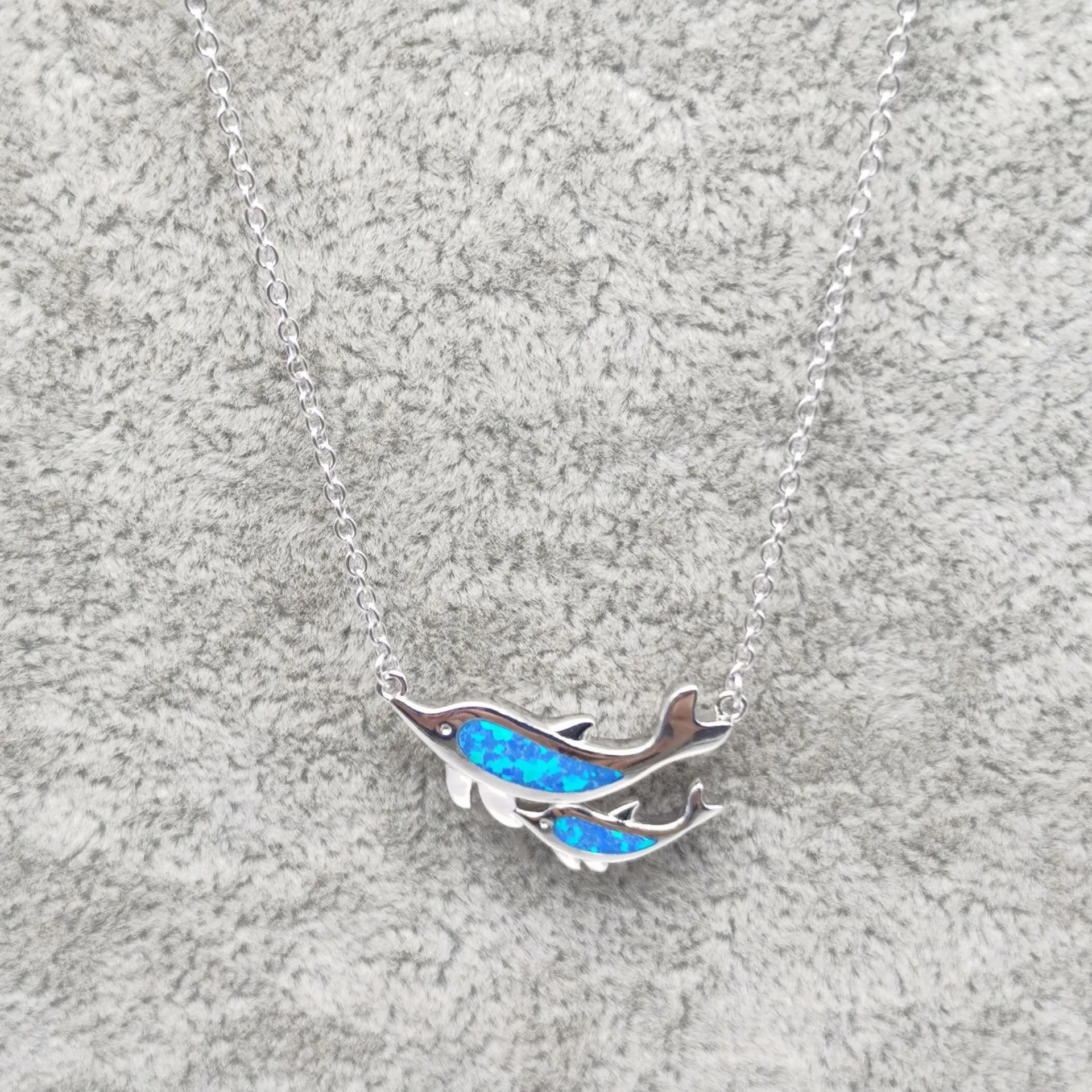New S925 Sterling Silver Jewelry Blue Australia Gem Dolphin Necklace Simple Women's Opal Necklace