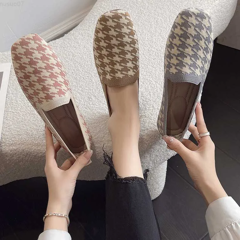 Dress Shoes Soft-soled Breathable and Comfortable Knitted Flat Shoes Spring New Houndstooth Design Leisure Pregnant Women's Commuter Shoes L230724