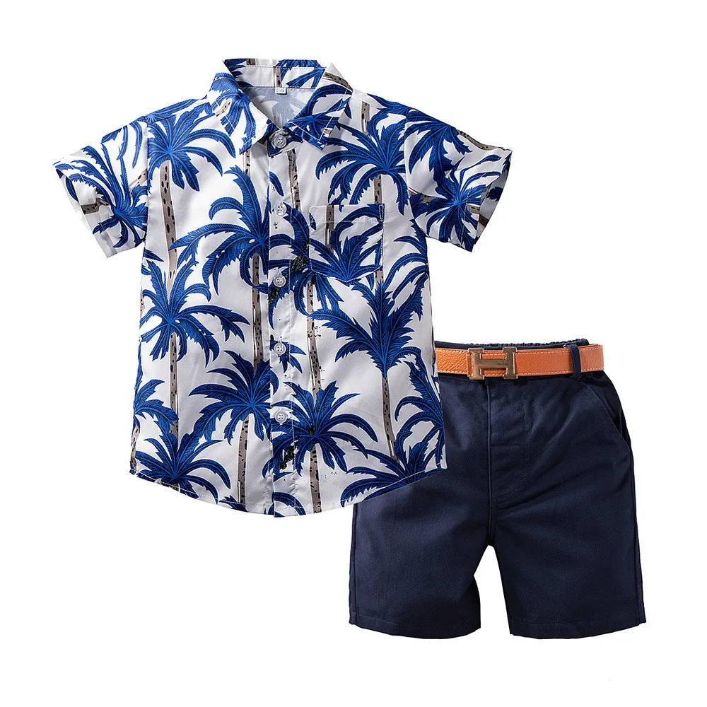 Kleidung Sets 3PCS Baby Kind Jungen Outfits Set Gedruckt Kurzarm Bluse Solide Shorts Gürtel Mode Hawaiian Stil Kleidung set 26 Jahre 230721