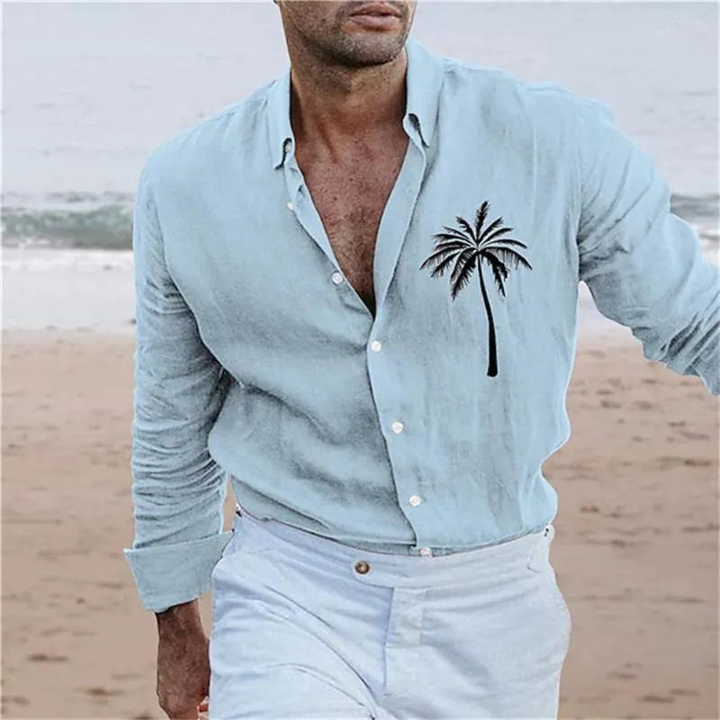 Men's Casual Shirts Fashion Shirt Hawaiian Coconut Tree Graphic Printing White Pink Dark Blue Long Sleeve Button Clothes
