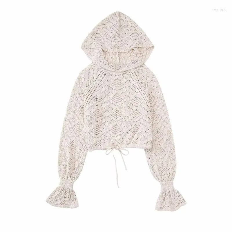 Damskie swetry dziewczęta swobodny beżowy szydełko z kapturem pullover 2023 wiosna kobieta słodka pusta dzianiny z kapturem solidne sznurka