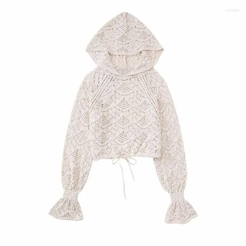 Pulls pour femmes filles décontracté Beige Crochet à capuche pull 2023 printemps femme doux évider pulls à capuche en tricot solide cordon court