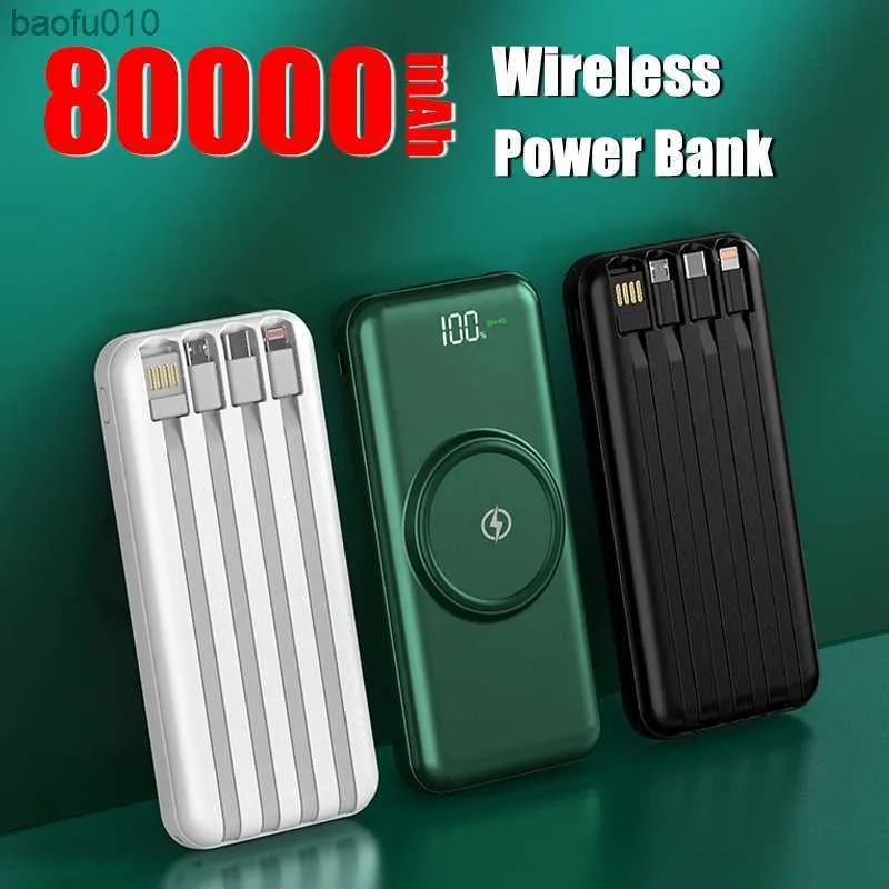 Wireless Power Bank 80000MAH Przenośna ładowarka Szybka ładowanie cyfrowe wyświetlacz zewnętrzny pakiet akumulatorów Wbudowany w 4Cables dla iPhone'a Mi L230619