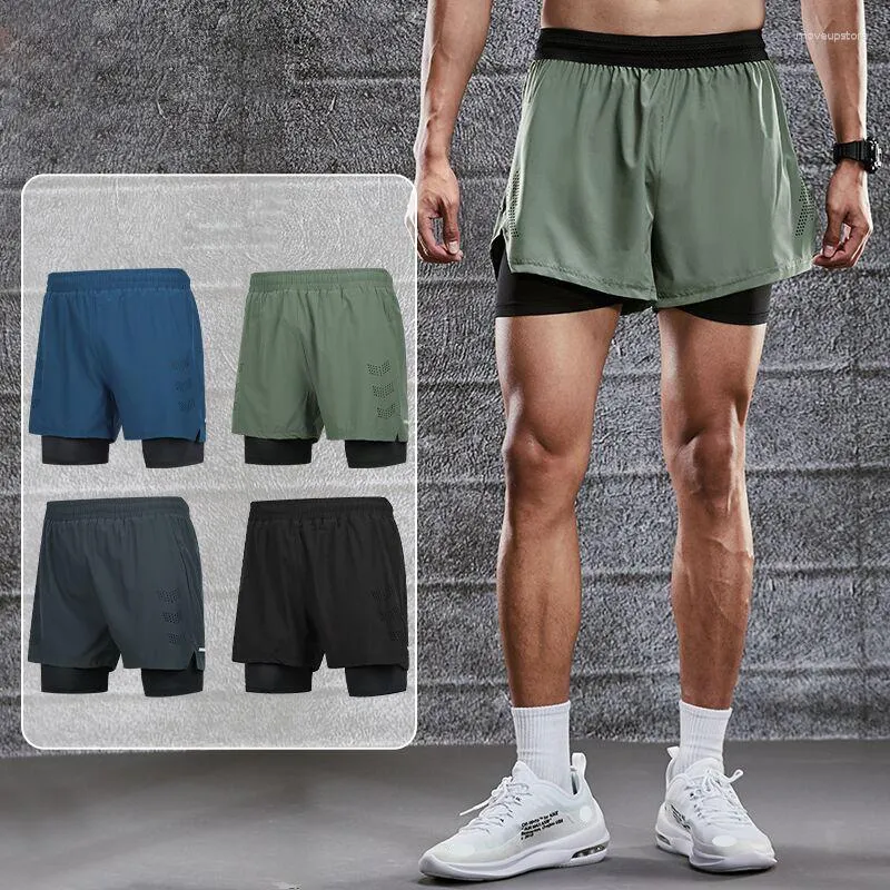 Running Shorts Men 2 Layer Polyester Three Point Pants Back Zipper Pocket  Summer Double Deck Quick Dry GYM Crossfit Fitness Pant