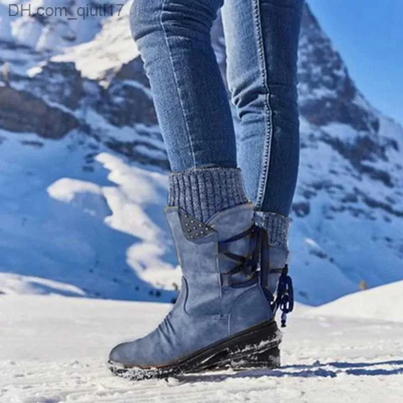 Botas femininas botas 2020 inverno quente até meados da panturrilha vintage com cadarço senhoras malha de neve retalhos com zíper sapatos femininos casuais1 Z230724