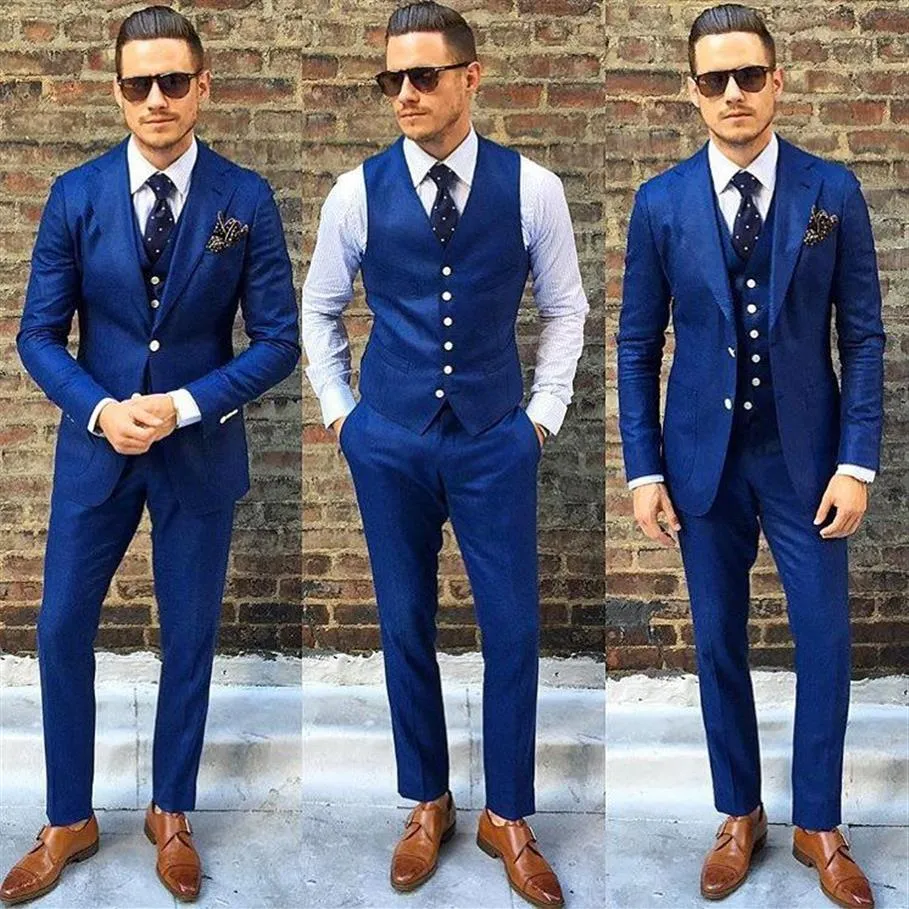 2018 azul real terno masculino para casamento três peças barato noivo smoking fino ajuste feito sob encomenda formal festa ternos jaqueta pan246w