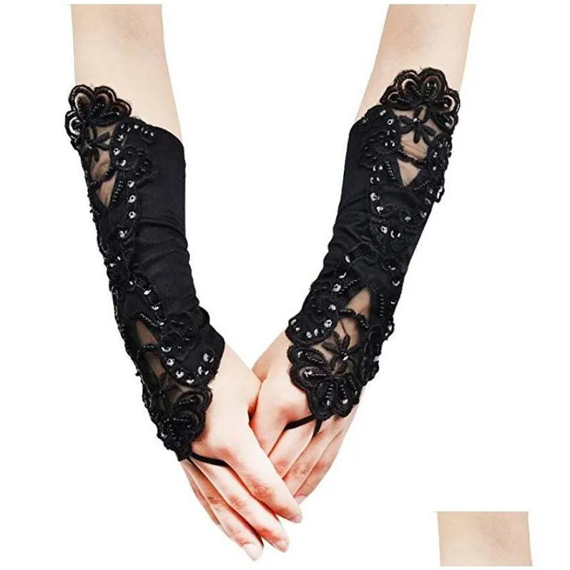 Gants Sans Doigts Dentelle À Paillettes Femmes Femme Court Demi Satin Couture Perles Mode Sexy Lady Rétro Gant De Conduite Drop Delivery Accesso Dhn29