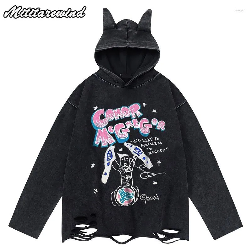 Men's Hoodies Vintage Cut Ripped Design Hip Hop Streetwear Y2k Style Youth Clothing High Street Couple Sweaters Chinese Chic