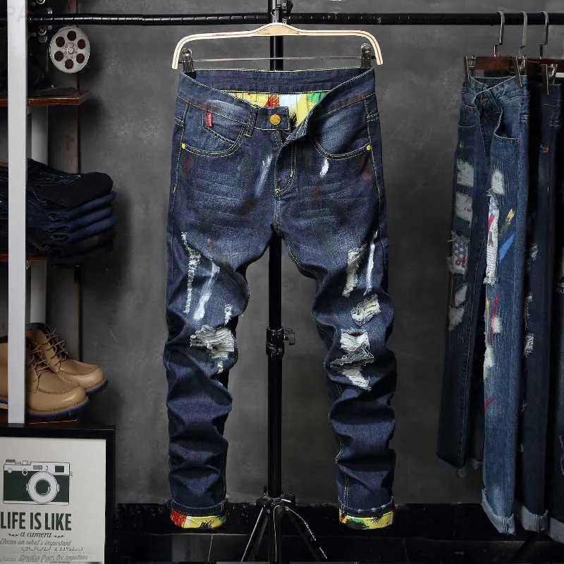 Moda Masculina - Moda 2018 Jeans Skinny Azul Claro Buracos Destroyed Rasgados com Zíper Reto Calças Jeans Streetwear hole denim L230724