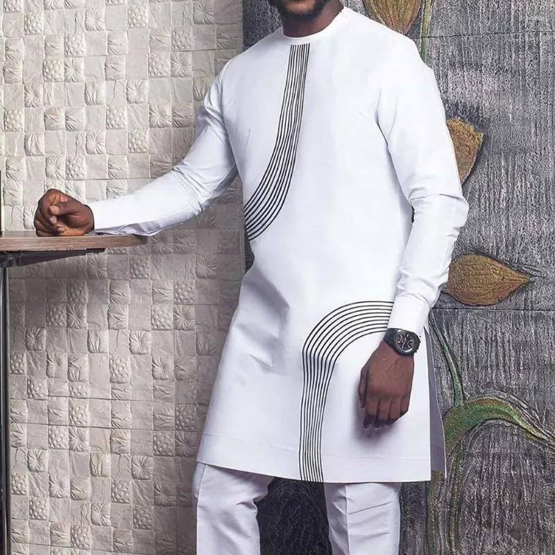 Chándales Dashiki para hombre, traje blanco africano de primavera y otoño, camiseta de dos piezas a la moda con cuello redondo, pantalones informales para fiesta de boda