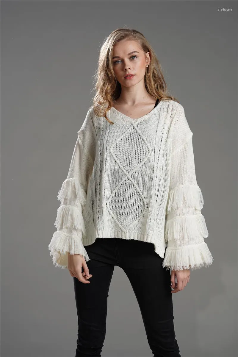 Women's Sweaters H80&S90 Women Sweater Loose Knited V-Neck Flare Sleeve Tassel Patchwork Ladies' Tops Casual Pullovers Female Clothes