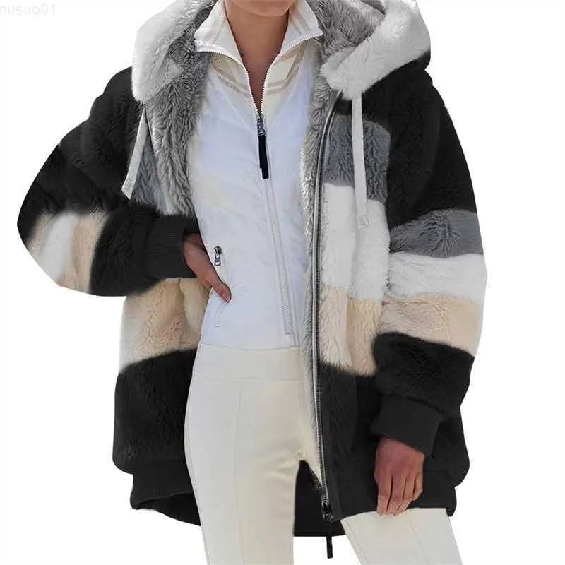 Vestes pour femmes hiver femmes manteau mode décontracté couture Plaid dames vêtements à capuche fermeture éclair dames manteau en peluche femmes veste 2023 nouveau L230724