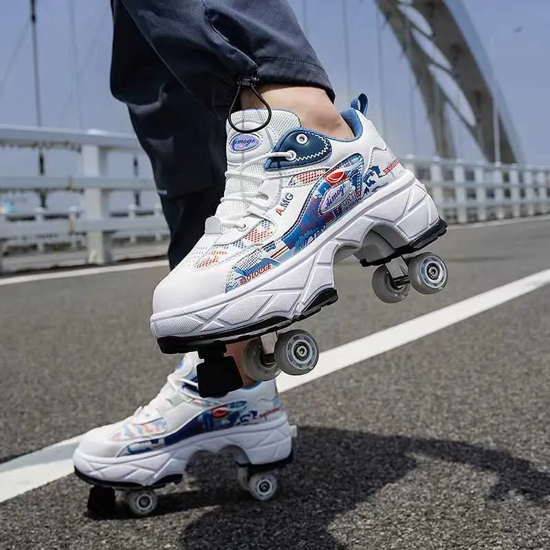 Inline Roller Skates New Pu Leather Kids 4 Wheel Roller Skate Casual Deformation Parkour Sneakers For Rounds Adult Of Running Sport Shoes HKD230720