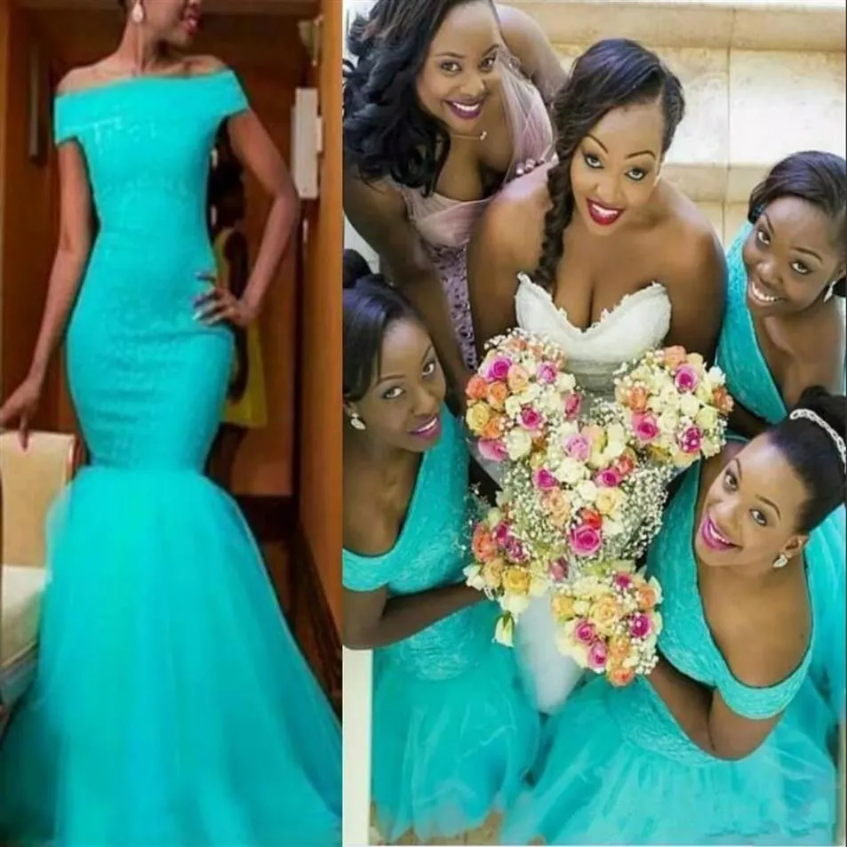 2021 Country Mermaid Turquoise African Bridesmaid klänningar från axeln plus Size Lace Maid of Honor Bridal Party Wedding Guest266R