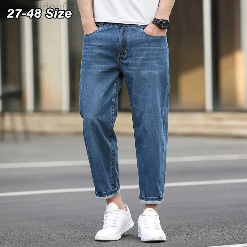 Men's Jeans Oversized Summer Men's Thin Jeans 100% Cotton Baggy Classic Straight Wide Leg Casual Ankle Length Denim Pants Plus Size 44 46 48 L230724