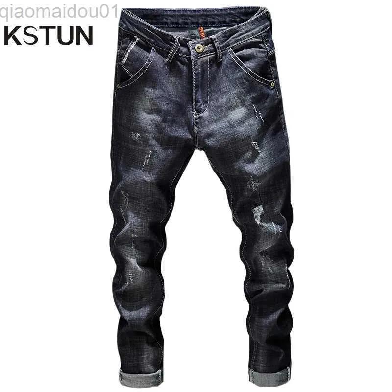 Mäns jeans kn rippade jeans män mörkblå stretch smal fit nödställda streetwear denim byxor casual retro cyklist jeans man byxor hiphop l230724