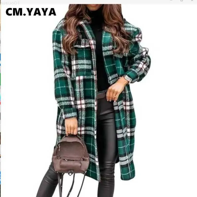 Vestes pour femmes CM.YAYA Femmes Laine Mélanges Plaid Lâche Droite Long Manteaux avec Poches Mode Streetwear pour Office Lady Casualwear Automne L230724