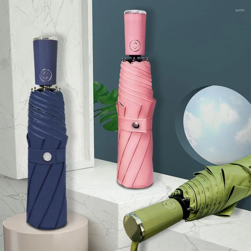 Umbrellas 8 뼈 3 배나 폴딩 자동 태양 UV 컴팩트 방수 방수 방수 우산 남성 남성 검은 접착제 파라솔 UPF50